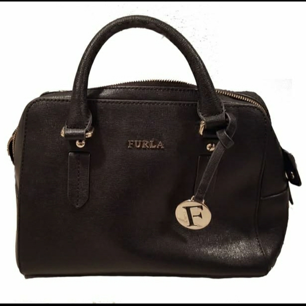 Furla Black - Brown Saffiano Leather Handbag - Italian Designer Gold Hardware